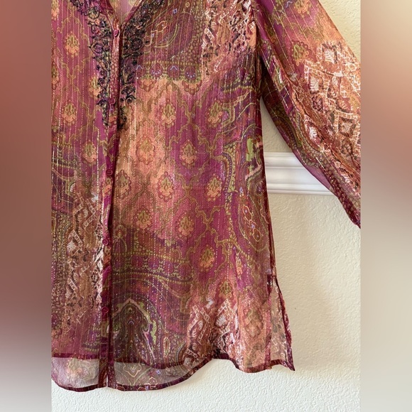 Chico’s Silk Sheer Beaded Delicate Boho Button Front Cardigan Paisley Size Large - Picture 9 of 13